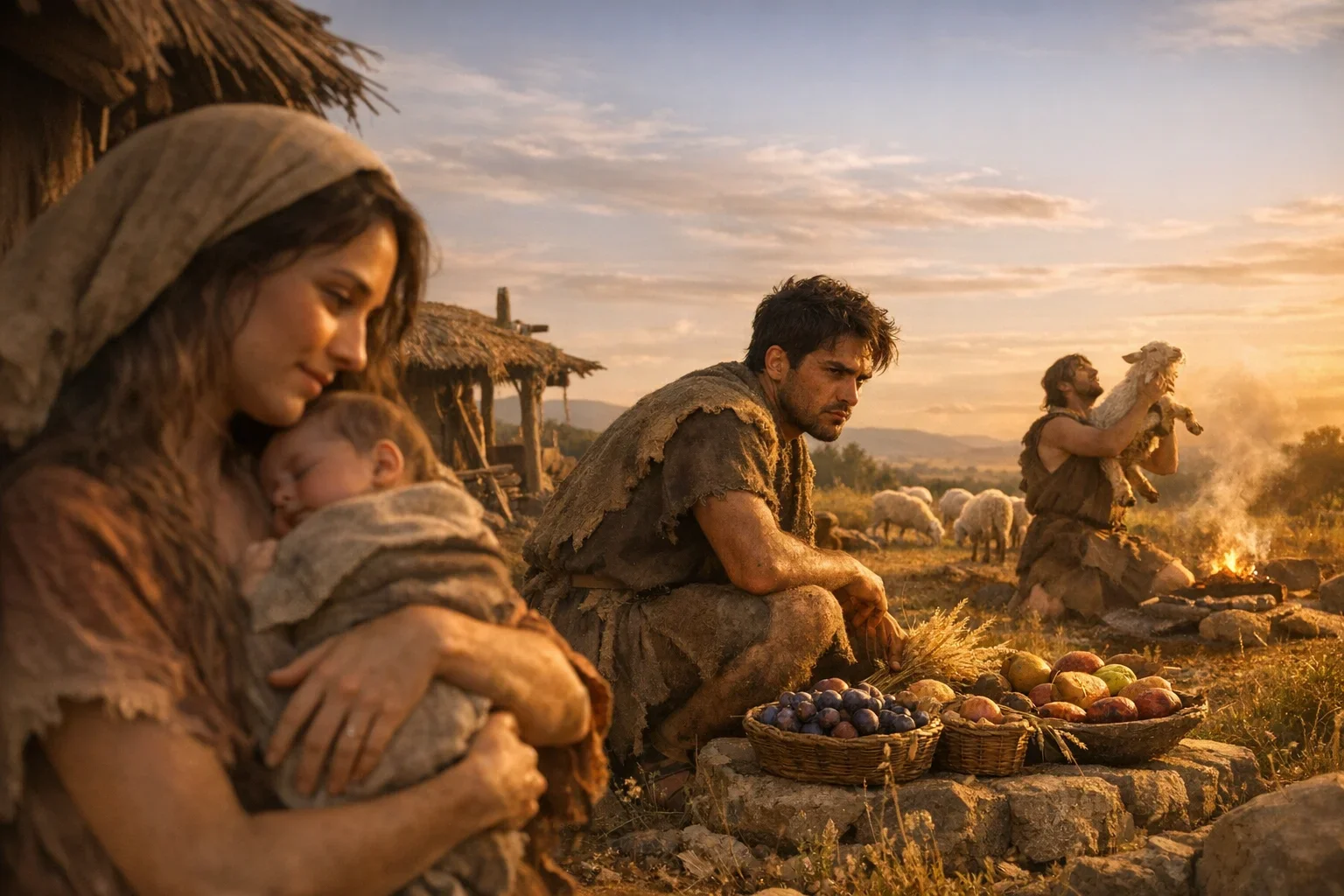 Warm amber light bathes the pastoral landscape, creating a serene atmosphere of early agricultural life.  Eve cradles newborn Cain with a nurturing gaze, embodying maternal warmth amidst the tranquil setting.  In the background, Abel tends to his sheep, symbolizing innocence and the bond between humanity and nature.
