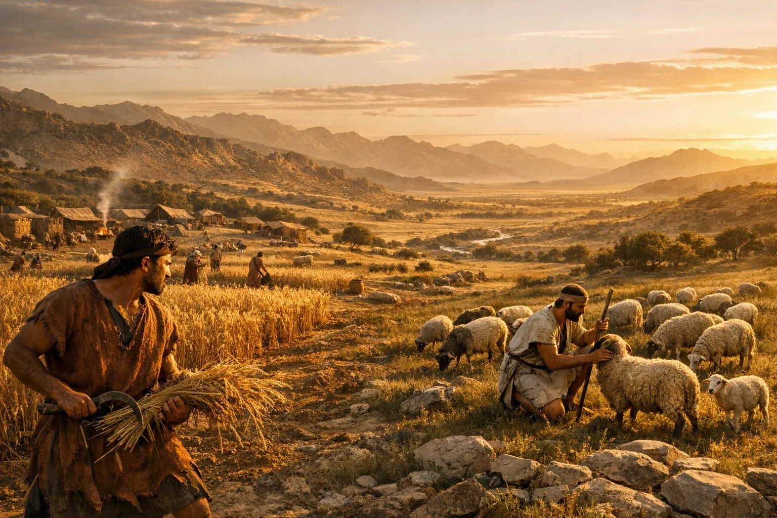 Warm amber light bathes the pastoral landscape, creating soft shadows that enhance the serene beauty of ancient Mesopotamia.  Cain, with a furrowed brow, glances toward his oblivious brother Abel amidst the vibrant community's activity.  The composition balances the tranquility of the sheep pasture against the brewing tension, encapsulating a pivotal moment in their story.