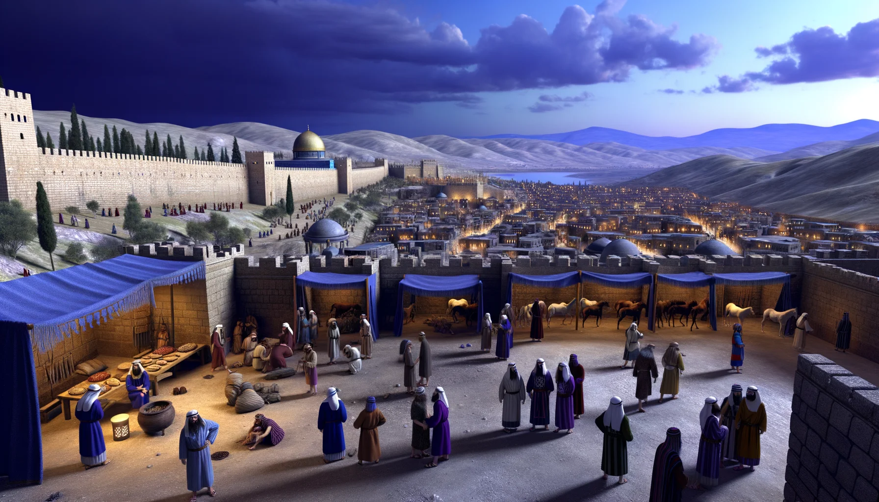 Twilight hues of deep blue and purple envelop ancient Jerusalem, highlighting its fortified walls and vibrant streets.  The Temple rises majestically on a hill, symbolizing divine protection amidst an atmosphere of tension and hope.  Groups of men in traditional attire gather in fervent prayer, their expressions reflecting a blend of anxiety and faith.
