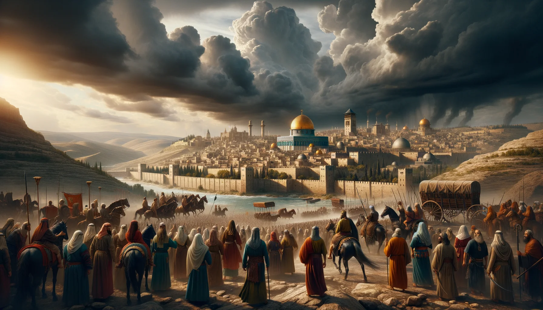 The majestic skyline of ancient Jerusalem rises against a backdrop of dark, swirling storm clouds, emphasizing the gravity of impending conflict.  Intermittent rays of sunlight pierce through the ominous atmosphere, symbolizing hope amidst turmoil.  A diverse assembly of people gathers below, their expressions reflecting a mix of fear and faith in the face of uncertainty.