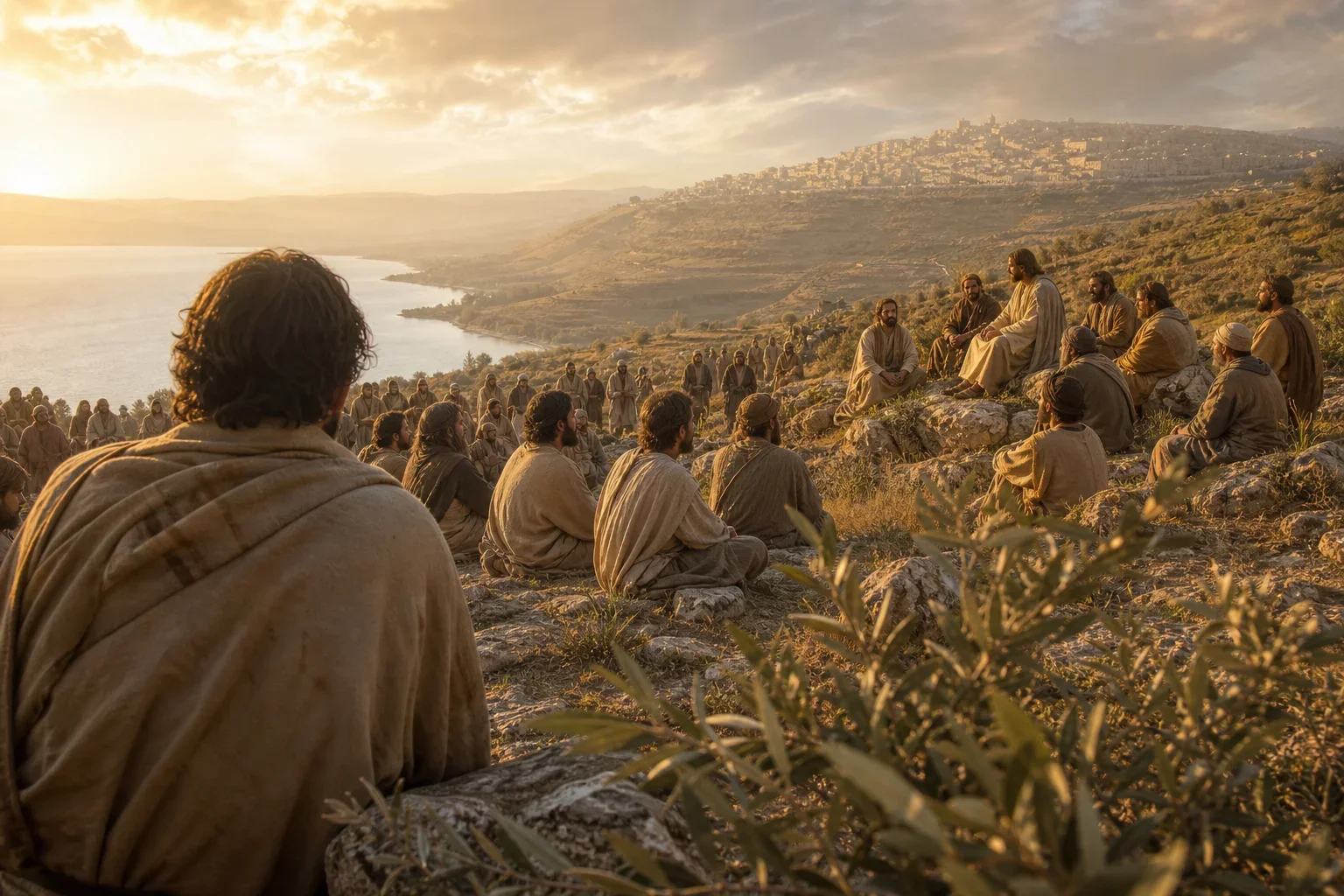 Golden light breaks through primordial darkness, illuminating the essence of matthew 5. The scene evokes deep spiritual meaning through masterful use of shadow and radiance. Sacred symbolism and natural beauty merge in perfect harmony.