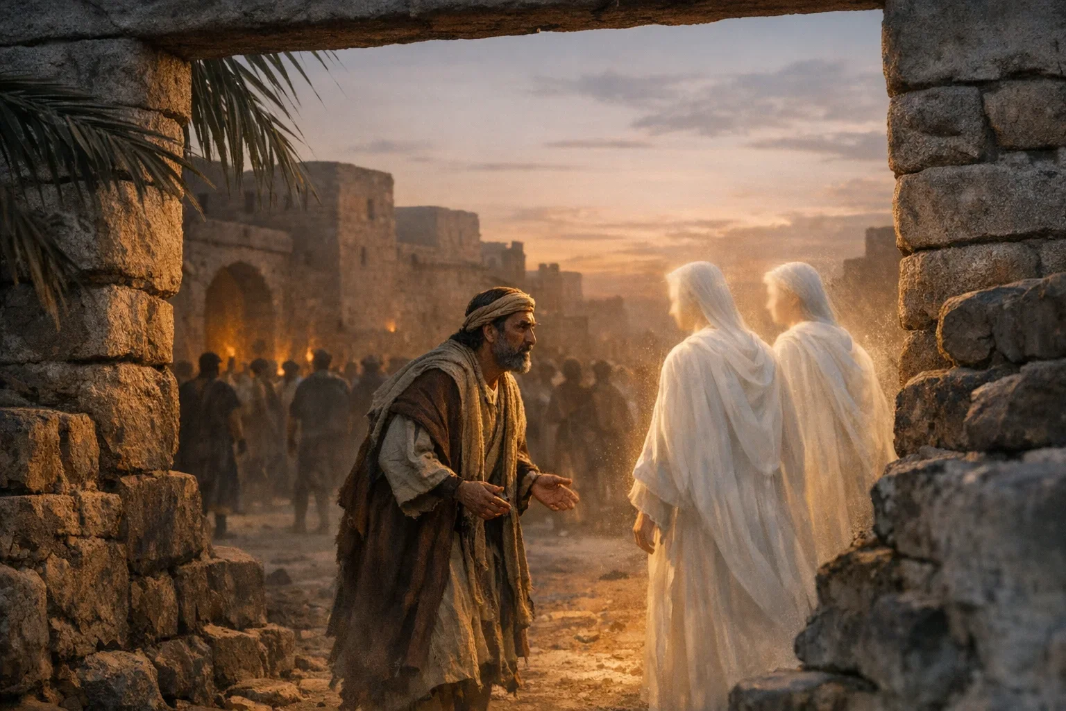 Dusk envelops the scene, with warm orange light softly illuminating Sodom's ancient entrance and creating elongated shadows.  Lot, dressed in historically accurate attire, approaches the ethereal angels, who radiate a gentle, otherworldly glow.  The stone gate structure frames the moment, enhancing the depth and tension of this pivotal biblical encounter.