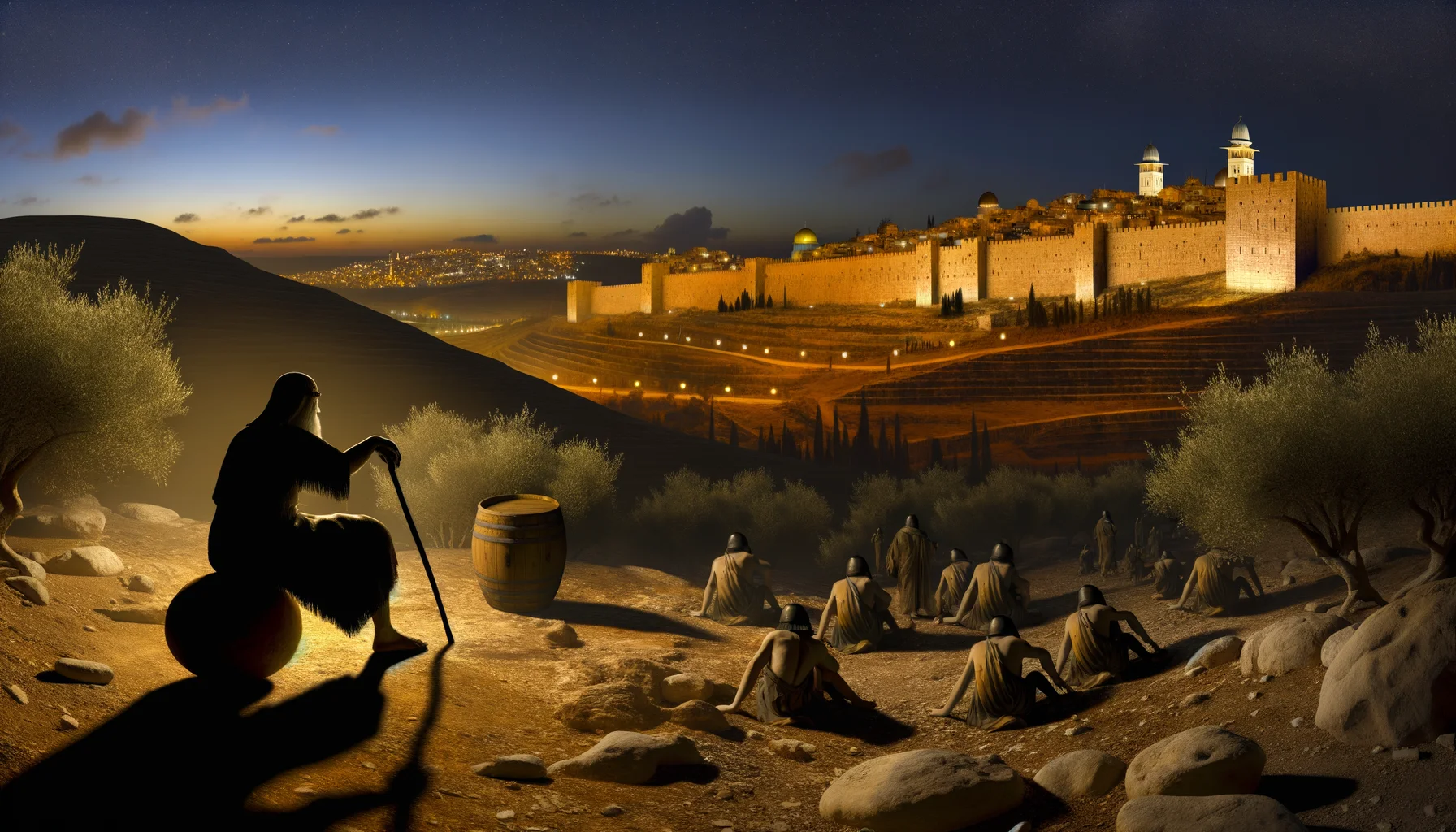 A soft, golden glow bathes ancient Jerusalem, casting long shadows over the stone structures during twilight.  King David sits contemplatively on a rocky hillside, a shield beside him symbolizing divine protection amidst turmoil.  Shadowy silhouettes of adversaries loom in the distance, emphasizing the tension and conflict surrounding the scene.