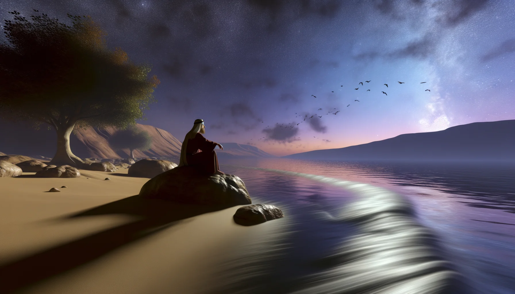 A starry night envelops the serene landscape, with shimmering constellations reflecting divine omnipresence.  As dawn breaks, soft pastels illuminate the tranquil sea, symbolizing hope and revelation.  The lone figure, framed by rocky cliffs, embodies introspection, surrounded by ethereal wisps representing thoughts yearning for connection.