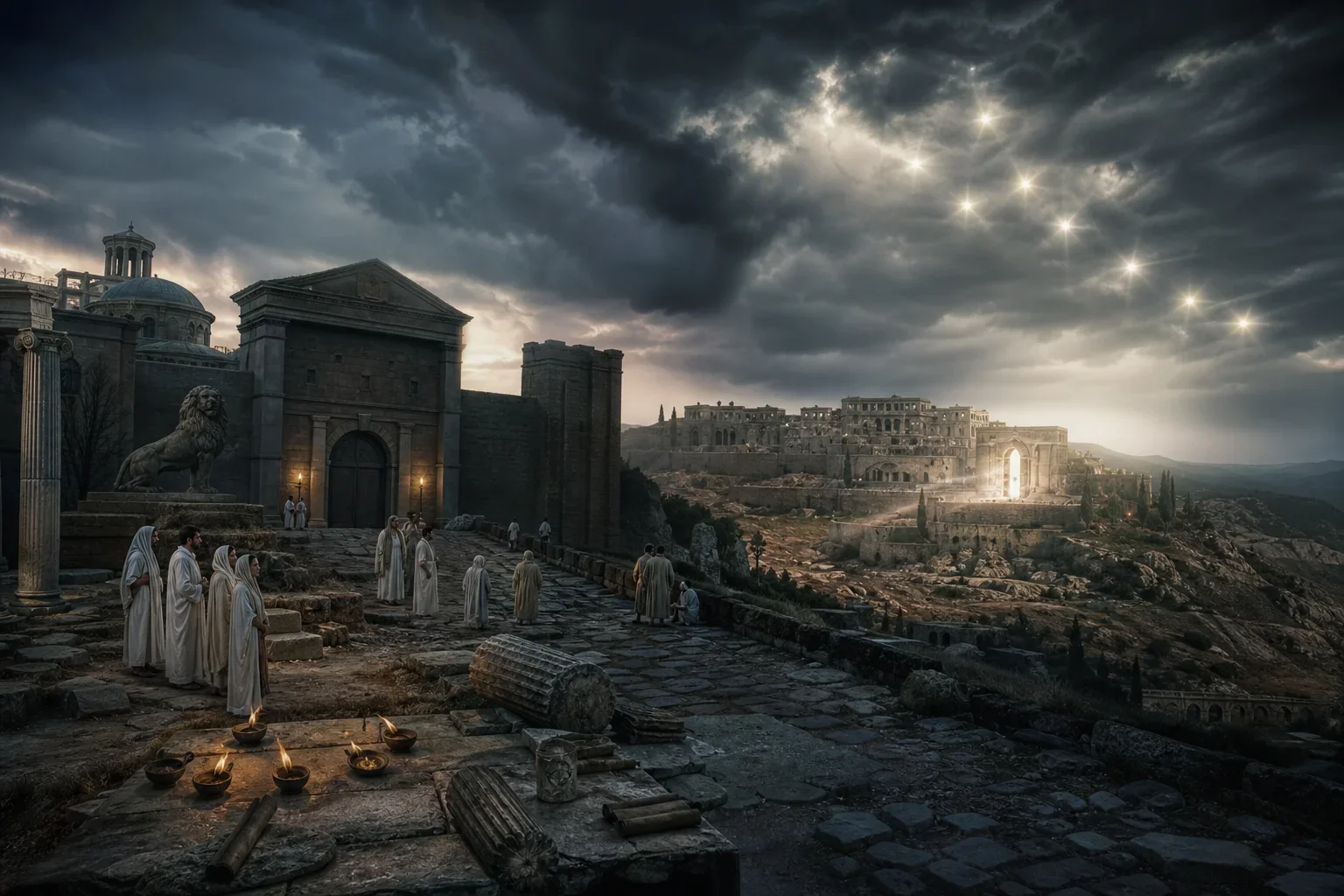 A dramatic Dutch angle frames Sardis and Philadelphia beneath storm-black skies, where ruined citadels and weathered streets glow with dim oil lamps.  Sudden shafts of divine light pierce the violent clouds, striking dust, stone, and distant hills with trembling gold.  The sweeping panorama unites decay and vigilance, evoking Revelation’s urgent call to wakefulness and spiritual endurance.