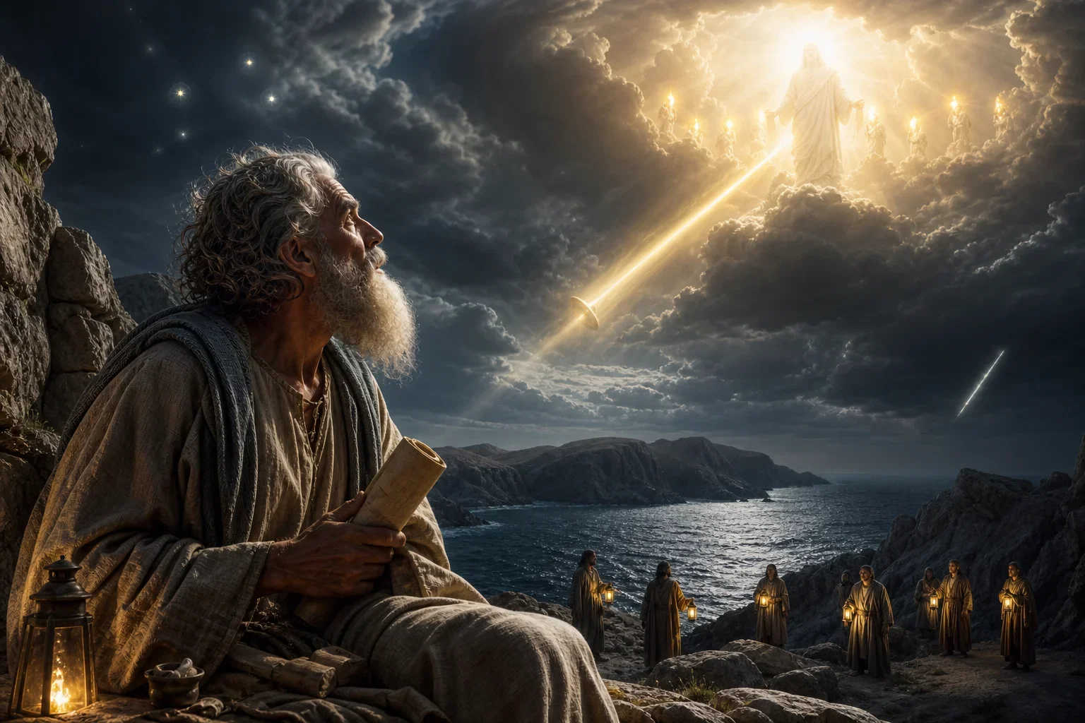 Ethereal beams illuminate the biblical scene of revelation 1 with breathtaking detail. The visualization captures both historical significance and spiritual depth. A harmonious blend of earthly and divine elements creates profound reverence.