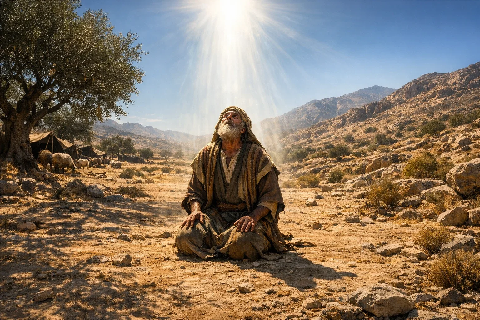 Abram kneels on the sun-baked earth, his weathered face illuminated by the harsh midday light, revealing astonishment and reverence.  Olive trees and rugged hills form a stark backdrop, their deep shadows enhancing the textural richness of the ancient landscape.  The composition captures a sacred moment, where the divine presence infuses the arid setting with profound spiritual significance.