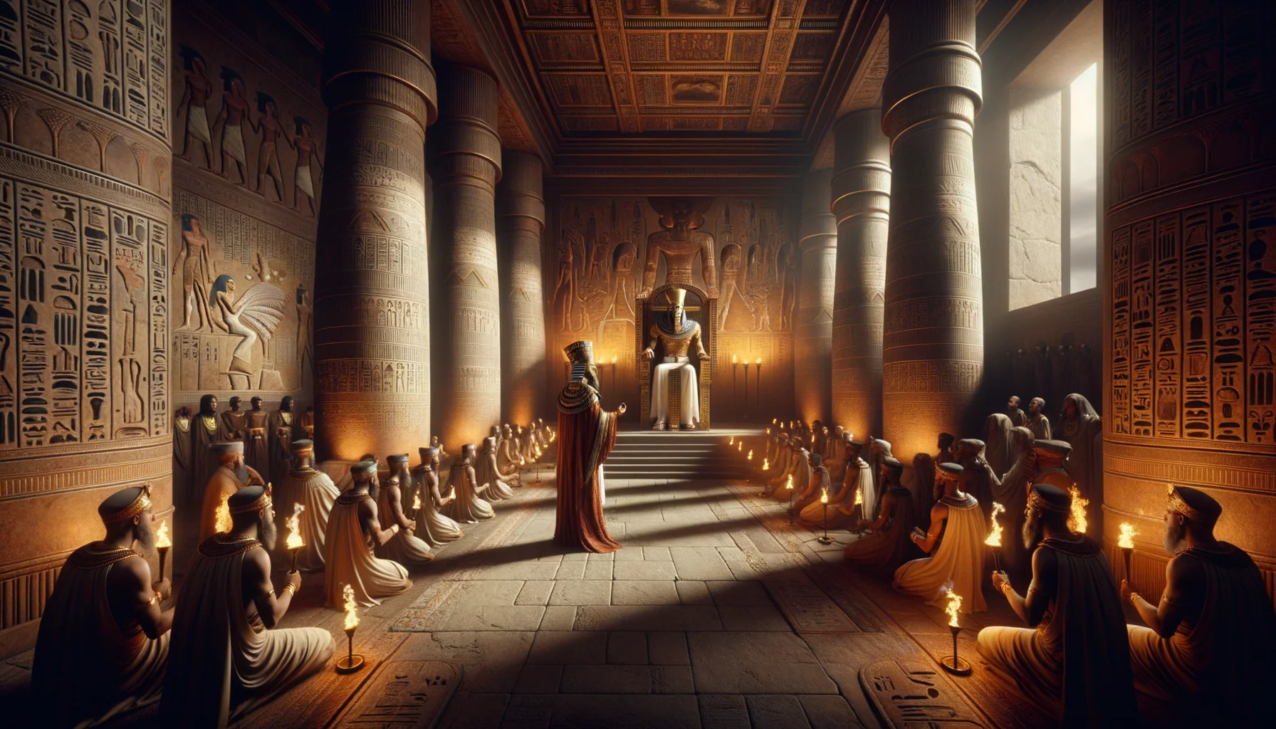 Dim torchlight flickers across the opulent throne room, casting ominous shadows that enhance the tension of the confrontation.  Hieroglyphs and intricate carvings adorn the walls, echoing the weight of history and divine judgment.  Moses and Aaron stand resolutely before the richly adorned Pharaoh, their humble demeanor contrasting sharply with his regal splendor.