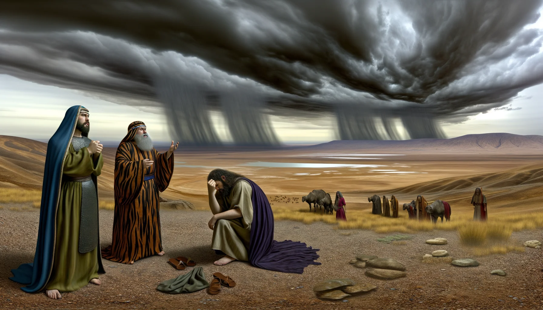 Dark, brooding clouds loom over the arid landscape, casting a foreboding shadow amidst the sun-scorched earth.  King Ahab, in royal robes, displays a mix of distress and hope, while Obadiah kneels in humble reverence.  Elijah, poised and commanding, stands amidst the tension, embodying the promise of impending rain and divine intervention.