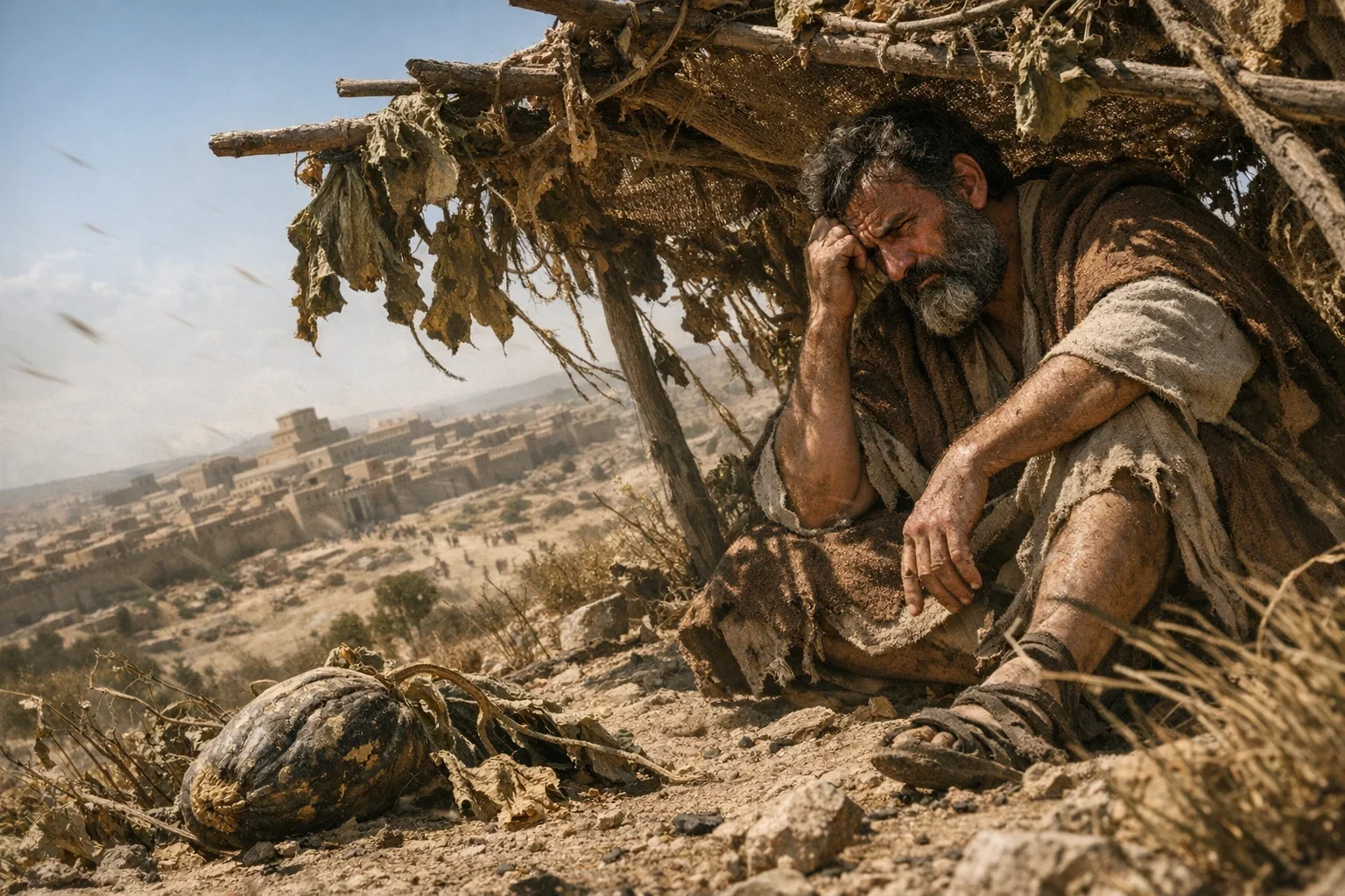Jonah sits beneath a makeshift booth, his furrowed brow reflecting deep emotional turmoil against the harsh midday sun.  The dramatic Dutch angle enhances the tension, casting elongated shadows that stretch across the arid landscape.  In the foreground, the wilted gourd symbolizes Jonah's fading hope, contrasting with the vibrant yet distant city of Nineveh behind him.