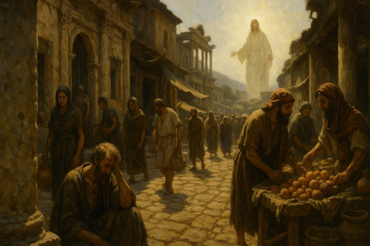 a radiant light emanating from an ethereal figure, symbolizing divine grace and redemption.  The warm hues of the sun contrast sharply with the cool shadows, highlighting the spiritual awakening amidst the chaos.  Architectural grandeur frames the scene, emphasizing the transformative power of grace that beckons the lost towards hope.