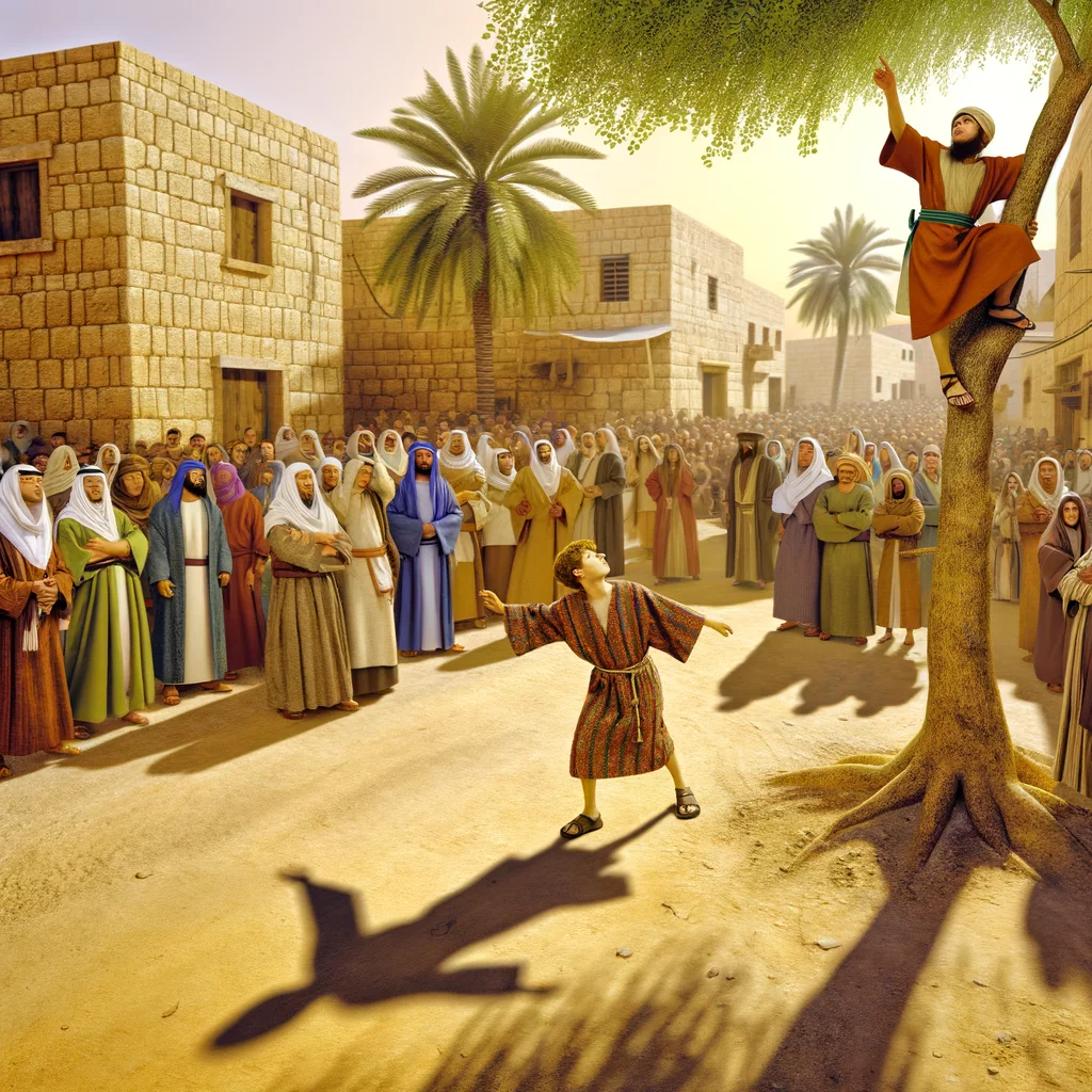 Warm golden light bathes the bustling crowd of first-century Jericho, casting elongated shadows on the dusty road.  Zacchaeus, dressed in traditional Jewish attire, climbs the sycamore tree, his determination evident against the vibrant backdrop.  Jesus, partially obscured, gestures upward with an inviting expression, embodying the spiritual connection amidst the lively throng.