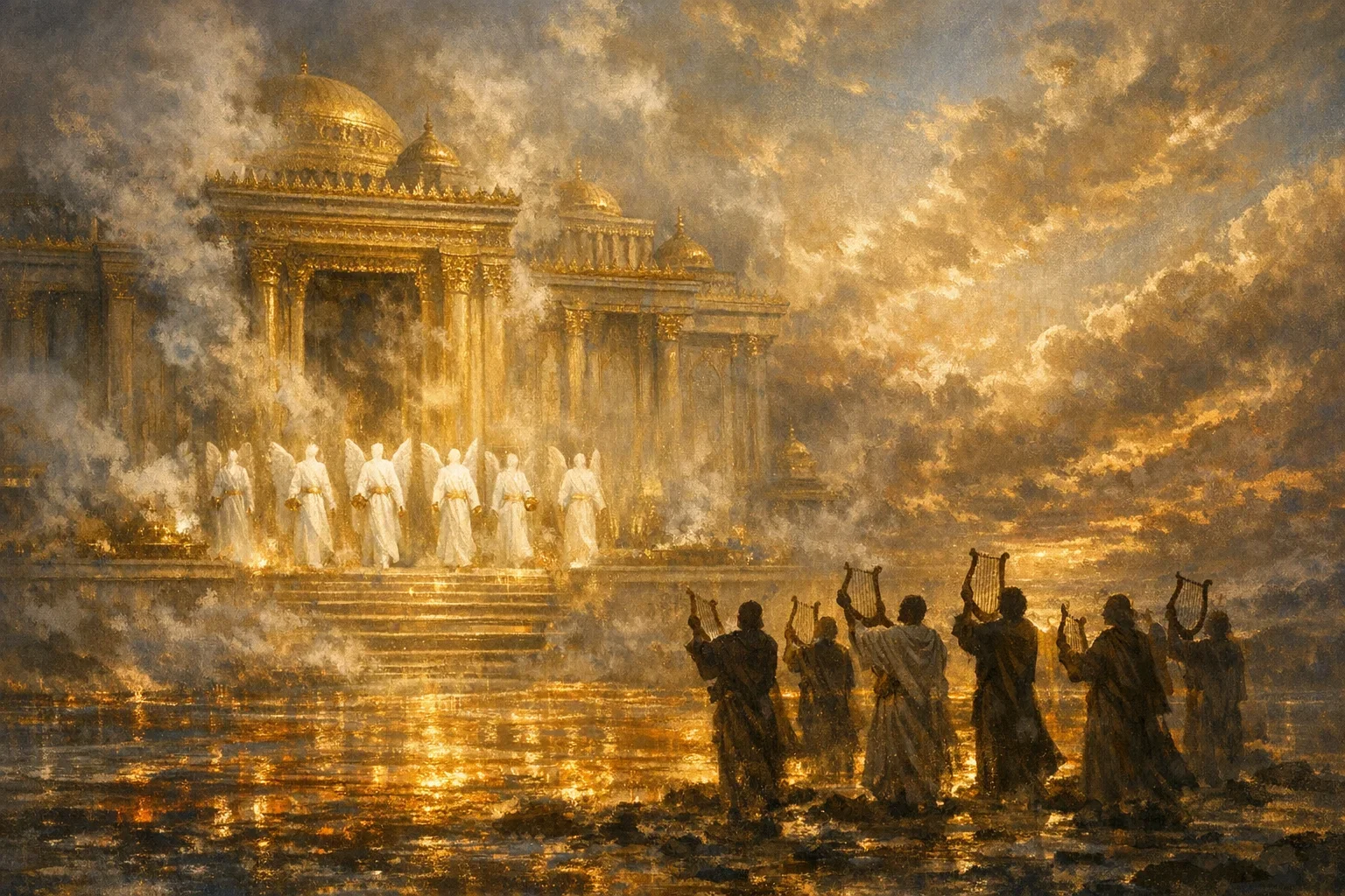A grand celestial temple, adorned with golden accents, rises ethereally against a dusky sky, exuding divine majesty.  Silhouetted angels in white linen emerge gracefully, their shimmering girdles catching the fading orange light.  Below, a vast sea of glass mingled with fire mirrors the warm glow, creating a harmonious interplay of light and color.