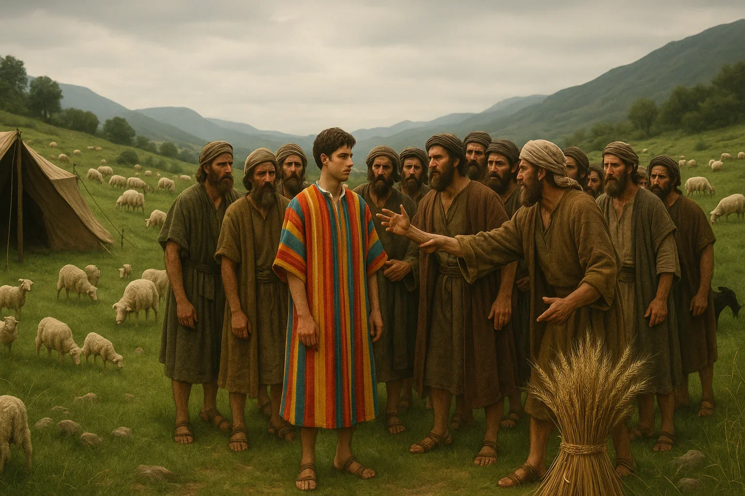 Lush, rolling hills cradle a tranquil landscape, with grazing sheep dotting the verdant expanse under a soft, overcast sky.  Young Joseph stands out in his vividly colored coat, embodying his father's favoritism amidst the tension with his envious brothers.  The diffused light bathes the scene in serenity, contrasting the underlying emotions of jealousy and familial strife.