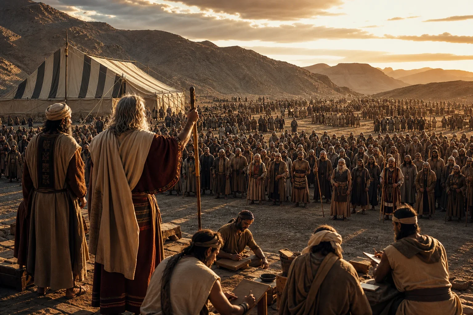 Baroque chiaroscuro bathes Sinai in stark light and shadow, turning the desert plain into a solemn stage of covenantal order.  Moses and Aaron stand elevated before disciplined tribal ranks, their authority magnified by the low, upward gaze and the vast assembly.  Twelve leaders emerge subtly in ancient garments, while the Tent of Meeting anchors the composition with sacred stillness.
