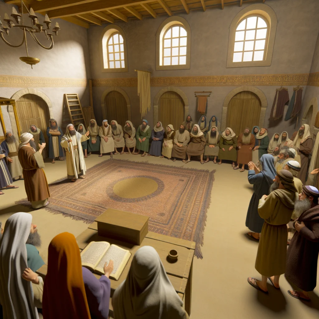 Warm sunlight streams through the synagogue's windows, creating a serene atmosphere amidst the bustling Sabbath crowd.  Jesus stands at a modest wooden altar, surrounded by townspeople whose expressions reflect both skepticism and intrigue.  Traditional Jewish scrolls adorn the space, enhancing the spiritual essence of this intimate gathering in first-century Nazareth.