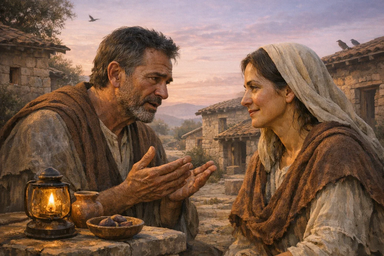 Soft pink and purple hues fill the dawn sky, casting a gentle glow over the serene ancient village.  The close-up portrait composition highlights the man’s furrowed brow and gesturing hands, conveying heartfelt apology.  The woman’s softening expression, framed by modest stone houses and lush greenery, evokes a sense of reconciliation and community.