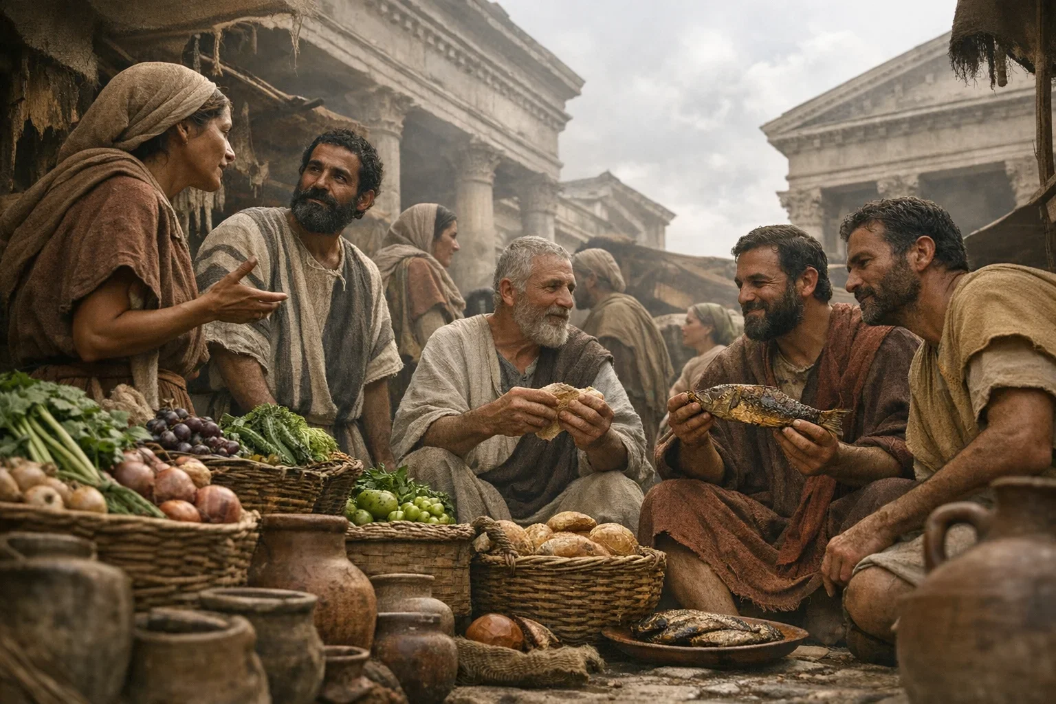 Vibrant colors of fresh produce contrast with the earthy tones of the marketplace, drawing attention to lively interactions.  Sunlight filters through awnings, casting dynamic shadows that enhance the diverse expressions of faith and community.  The composition captures a harmonious blend of individuals, each representing unique dietary choices amidst the bustling energy of 1st-century Roman life.