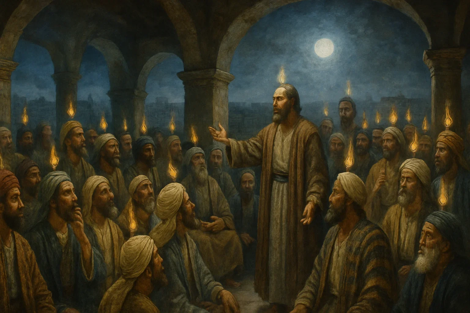 Ethereal moonlight bathes the spacious upper room, casting silver tones that evoke a sense of divine presence.  Cloven tongues of fire hover above each individual, illuminating their faces with a warm, flickering glow.  The diverse gathering of Jewish men, captivated and awestruck, forms a harmonious composition that reflects unity amid spiritual awakening.