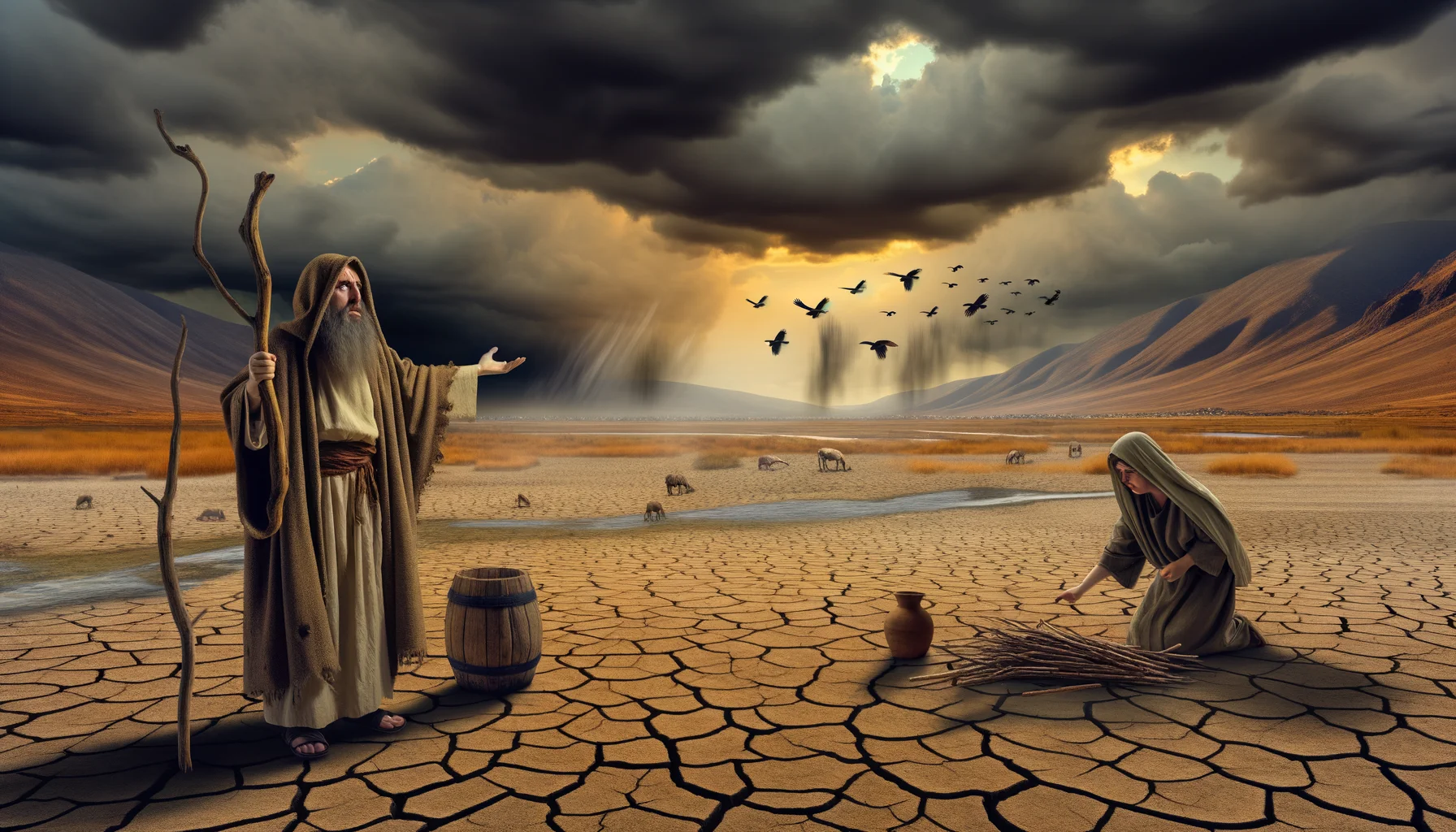 Elijah stands firm on the parched earth, his humble robes contrasting sharply with the barren landscape.  Dark, swirling clouds dominate the sky, while a warm, golden light breaks through, symbolizing divine intervention.  The distant brook Cherith glimmers faintly, drawing the viewer's eye towards the promise of sustenance amidst desolation.