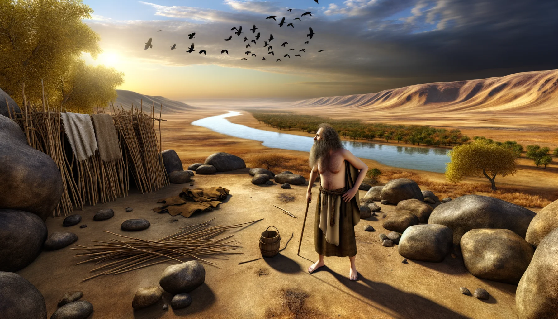 The golden light of the setting sun bathes the arid landscape of Gilead, enhancing the rugged terrain's textures.  Elijah stands resolutely by the brook Cherith, his simple attire contrasting with the vastness of the dry surroundings.  Overhead, ravens soar against the warm hues, symbolizing divine provision amidst the tense atmosphere.