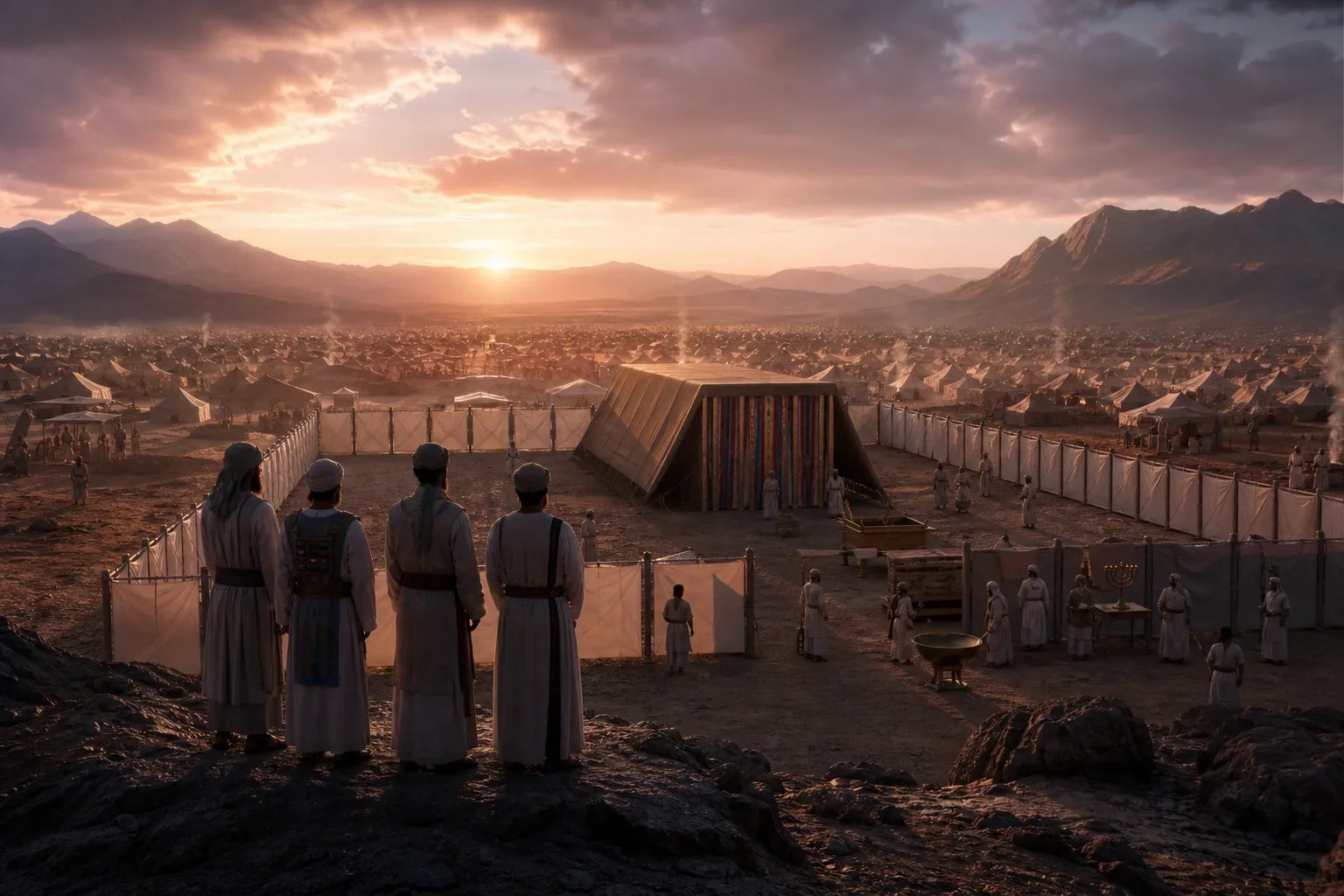 Soft pink and purple dawn light washes the Bronze Age Sinai camp, where the Tent of Meeting glows against a vast horizon.  Aaron and his sons stand in solemn profile, their linen garments and jeweled breastpiece rendered with careful Renaissance detail.  The Levites advance in orderly ranks through the luminous dust, composing a scene of reverent motion and sacred duty.