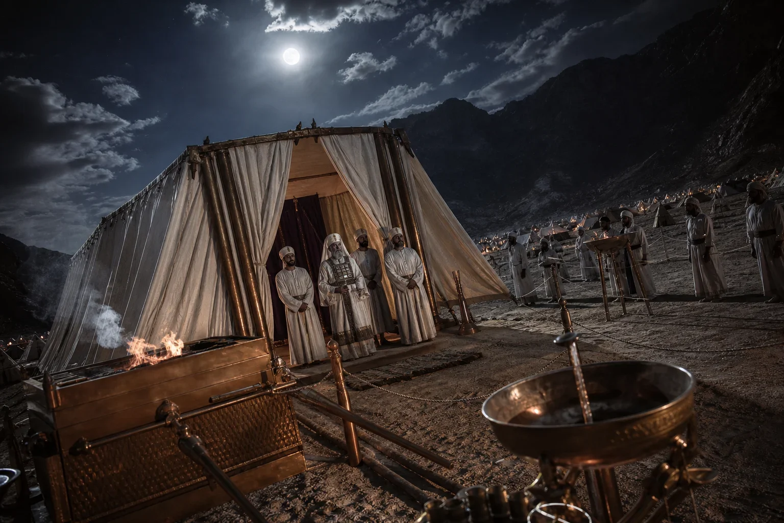Moonlit silver light washes the Sinai camp, casting the linen Tent of Meeting and bronze altar in solemn, reverent glow.  Aaron and his sons stand at the entrance in tailored priestly garments, their figures anchored by a dramatic Dutch angle and panoramic composition.  The wilderness recedes into shadow, while the Tabernacle radiates sacred order and covenantal authority.