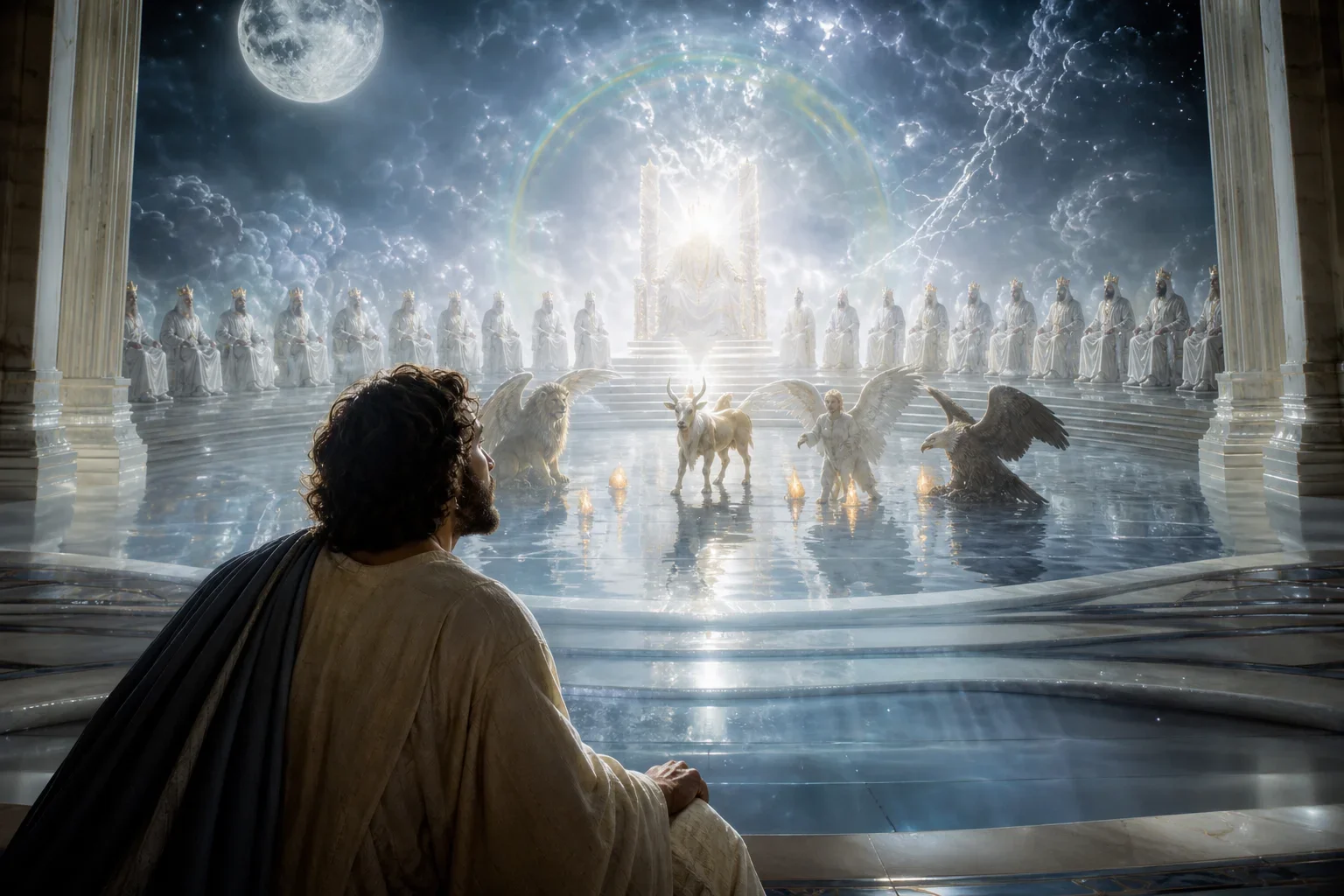 A solitary robed visionary stands in the foreground, lit by moonlike radiance, gazing upward toward an opened door in heaven.  Vast celestial chambers unfold in layered blues and silver, with ancient fabrics and Roman-era textures grounding the sacred vision.  The composition balances intimate human awe with overwhelming divine majesty, as light gathers around the throne beyond.