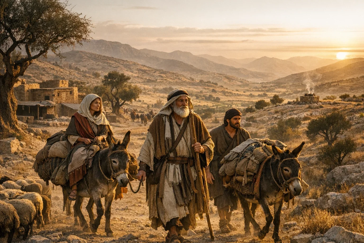 The panoramic landscape transitions from the dry, dusty hues of Mesopotamia to the vibrant greens of Canaan, bathed in warm amber light.  Abram, Sarai, and Lot are depicted in the foreground, their expressions reflecting determination and hope as they embark on their journey.  The composition emphasizes the contrast between the barren land they leave behind and the promise of fertility and abundance ahead.