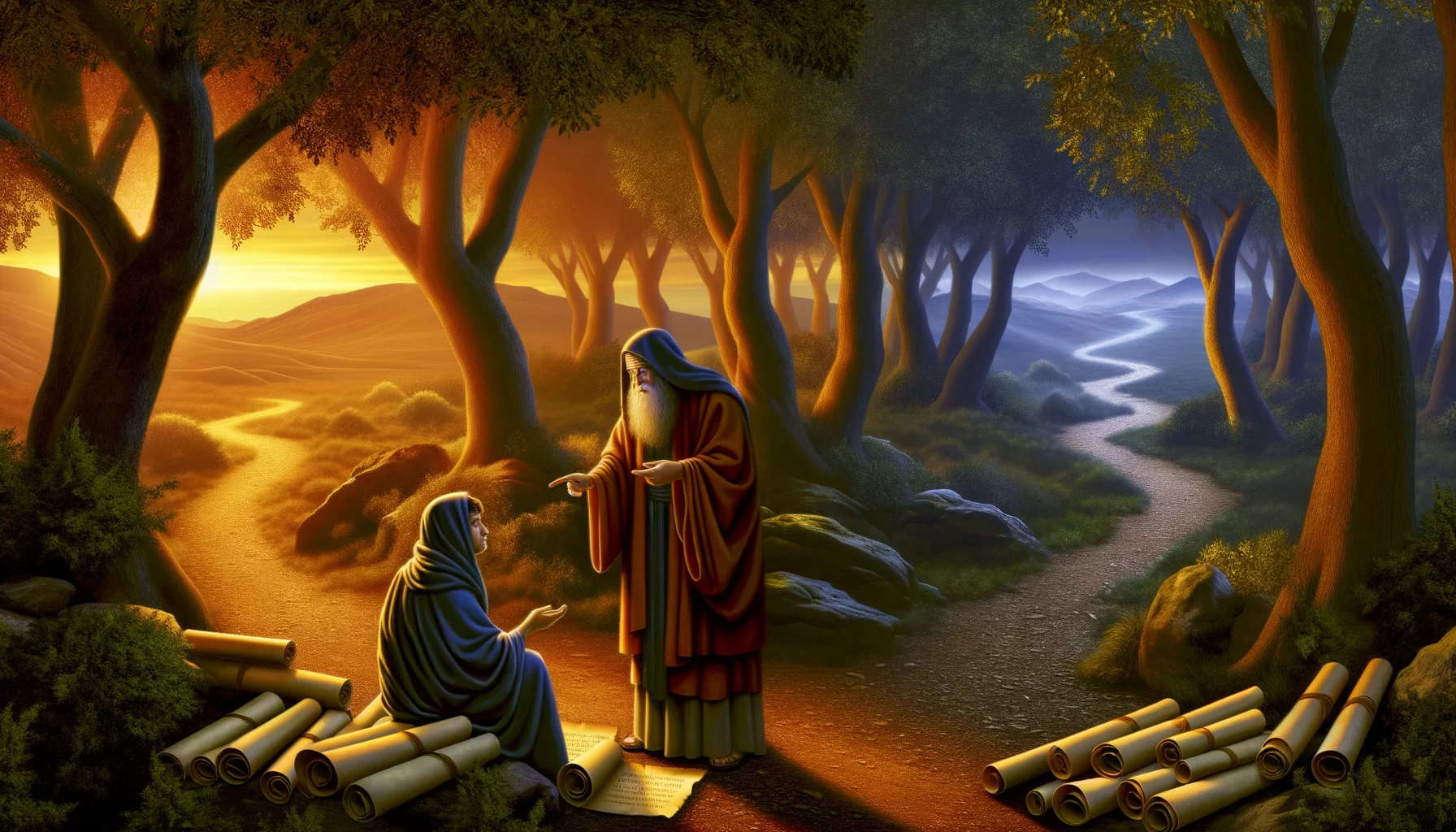 Warm golden light filters through ancient trees, casting a serene glow over the lush valley.  A wise father figure gestures towards his attentive son, embodying the transmission of knowledge and understanding.  Scrolls and nature intertwine, creating a harmonious backdrop that reflects the richness of wisdom's teachings.