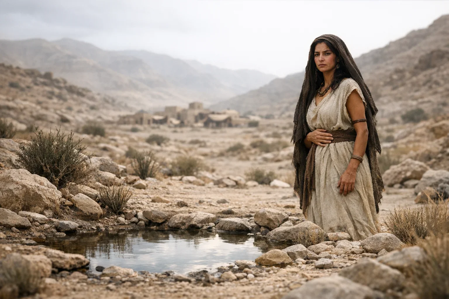 Hagar stands resolute in the foreground, her traditional attire contrasting against the muted earth tones of the arid Canaan landscape.  Soft overcast light envelops her, creating a serene yet somber atmosphere that highlights her emotional turmoil.  Distant hills rise gently, framing her figure and emphasizing her isolation as she flees into the wilderness.