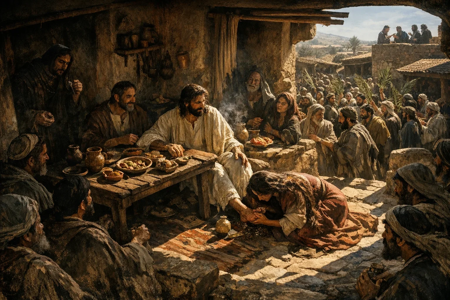 The midday sun bathes the scene in warm, golden hues, casting pronounced shadows across the modest home in Bethany.  Jesus sits at the wooden table, surrounded by an intimate gathering, while Mary tenderly anoints His feet with spikenard, her hair cascading gracefully.  The composition captures the profound reverence and familial connection, highlighting the sacredness of this moment through expressive gestures and vibrant interactions.