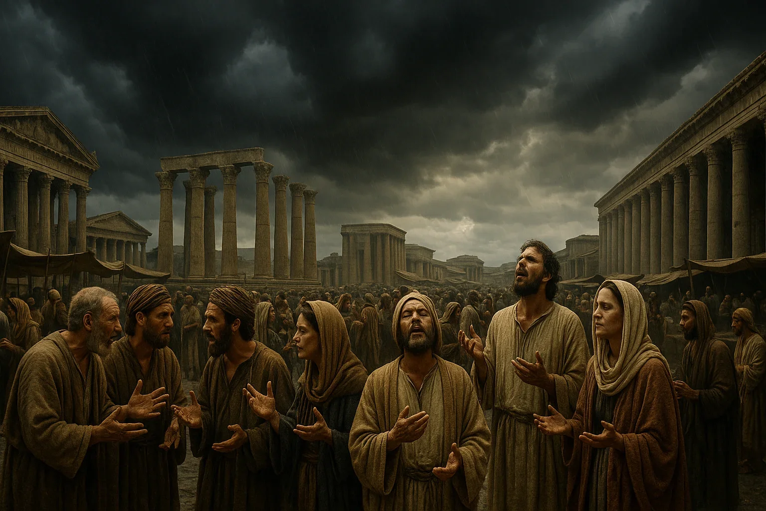 Dark, swirling clouds loom over the vibrant marketplace of Corinth, creating a tense and dramatic atmosphere.  Figures of diverse backgrounds animate the scene, their gestures conveying the urgency of communication amidst the storm.  The composition emphasizes the interconnectedness of voices, each contributing to the rich tapestry of understanding and expression.