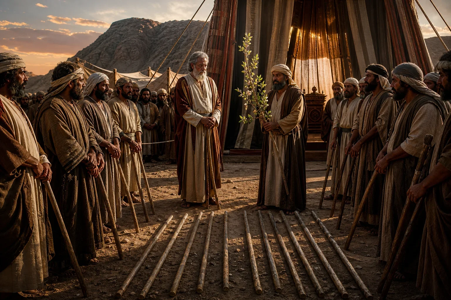 Dawn light warms the Sinai wilderness, casting long shadows across the sacred Tent of Meeting and the gathered tribal leaders.  Moses stands solemnly at the entrance, his lowered staff anchoring the composition beneath the tent’s authoritative rise.  Twelve princes in muted linen and wool form a balanced semicircle, their restrained colors and upward gaze expressing reverence and divine judgment.