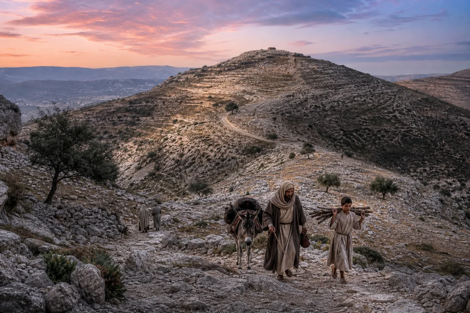 A pale dawn washes the rugged land of Moriah, where layered hills and distant ridges recede beneath soft pink and purple skies.  Abraham and Isaac cross the stony wilderness in ancient Hebrew dress, their small figures framed by sparse olive trees and vast open space.  The wide composition emphasizes solemn pilgrimage and divine testing, as the landscape glows with restrained, reverent light.