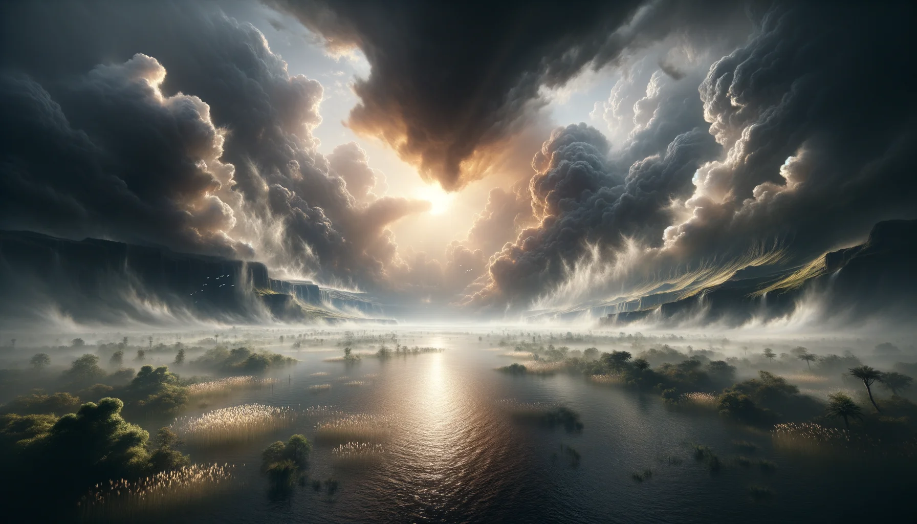 A dramatic sunrise bursts forth, casting golden rays across the primordial landscape, symbolizing divine command.  Ethereal clouds swirl above, their soft hues of pink and orange blending harmoniously with the tranquil waters below.  Mist rises gently, reflecting both chaos and beauty, encapsulating the profound moment of creation's awakening.