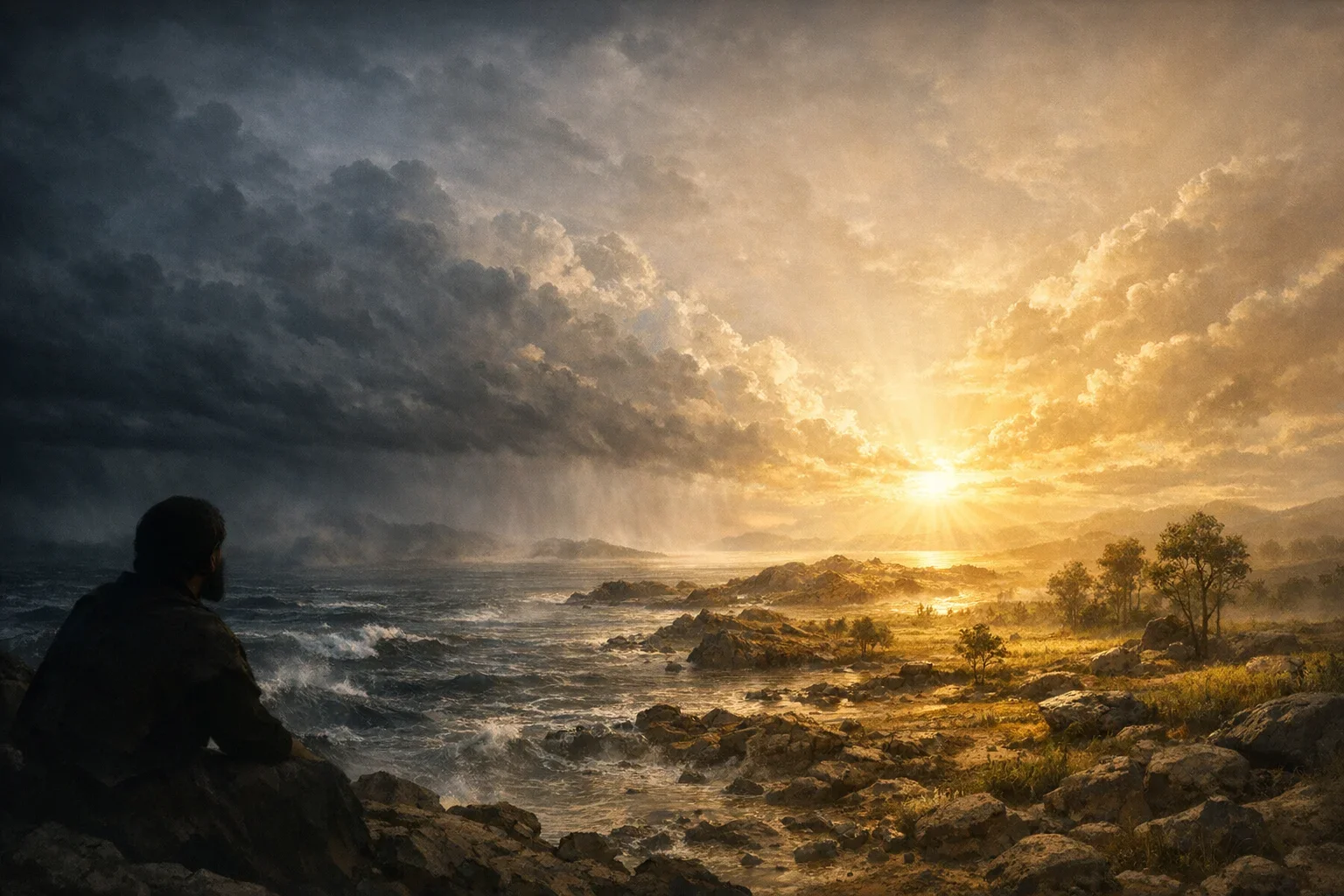 In the foreground, dark waters ripple gently, contrasting with the emerging silhouettes of dry land rising from the void.  A vibrant sky transitions from deep indigo to warm gold, signifying the divine command of light breaking through darkness.  Soft, diffused light bathes the scene, evoking a profound sense of wonder and the birth of creation.