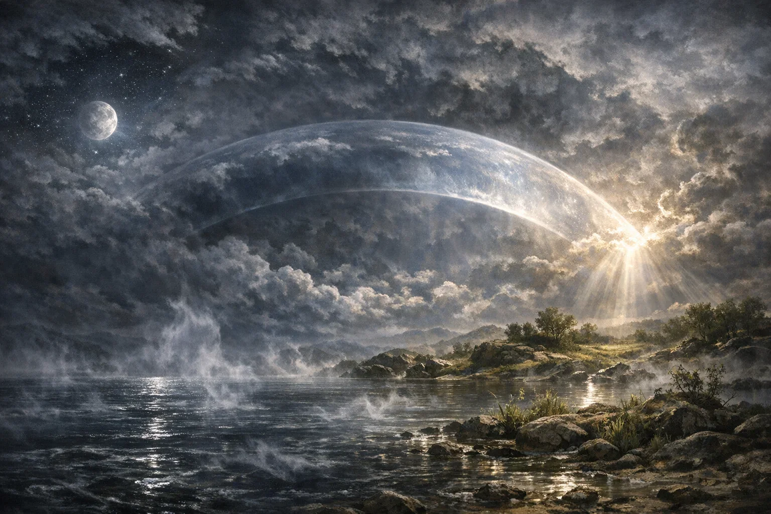 Soft, ethereal moonlight bathes the primordial landscape, casting silver tones that evoke a sense of divine presence.  The vast, empty expanse of dark waters mirrors the celestial glow, symbolizing the 