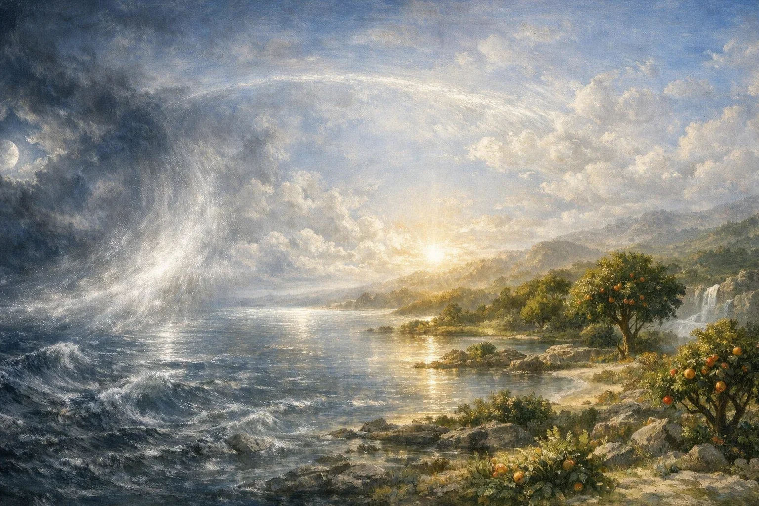 Dark swirling waters dominate the foreground, creating a sense of chaos and emptiness under a deep, moonlit sky.  A shimmering light, representing the Spirit of God, pierces the darkness, illuminating the scene with ethereal brilliance.  Soft, impressionistic brushstrokes capture the dynamic movement of creation, suggesting life emerging from the void.