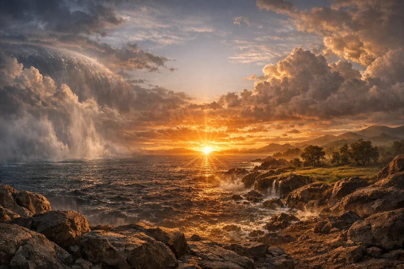 A rocky outcrop frames the scene, adding depth to the vast, dark ocean stretching into the horizon.  Warm amber light gradually emerges, casting a divine glow that symbolizes the moment of creation.  To the left, ethereal mists rise as waters part, reflecting the transformative power of God's command.