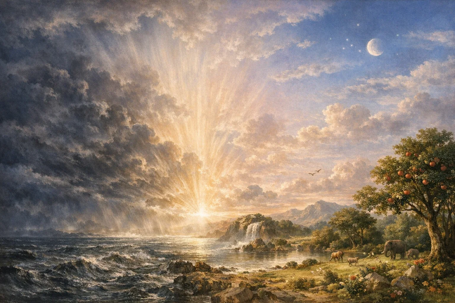 Soft pink and purple hues wash over the primordial landscape, evoking a serene dawn of creation.  Below, chaotic waters swirl in dark tones, symbolizing the formless earth awaiting divine order.  Above, a radiant firmament emerges, with wisps of clouds illuminated by a central light, signifying the presence of the Creator.