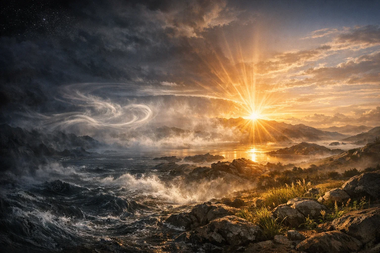 Fading orange light envelops the primordial landscape, creating a serene transition from darkness to illumination.  In the foreground, chaotic waters reflect the deep abyss, embodying the initial void of creation.  Above, gentle swirling winds symbolize the Spirit of God, intertwining with the emerging brilliance of light.