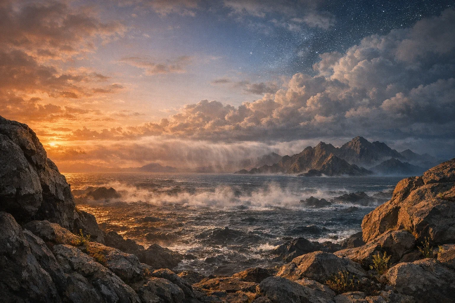 The rugged rock formation stands prominently in the foreground, its textures highlighted by the warm, fading orange light of dusk.  Dark waters stretch across the middle ground, mirroring the vibrant hues of the sky, creating a sense of depth and tranquility.  Emerging plants and patches of moss hint at impending life, contrasting the chaotic beauty of the primordial earth.