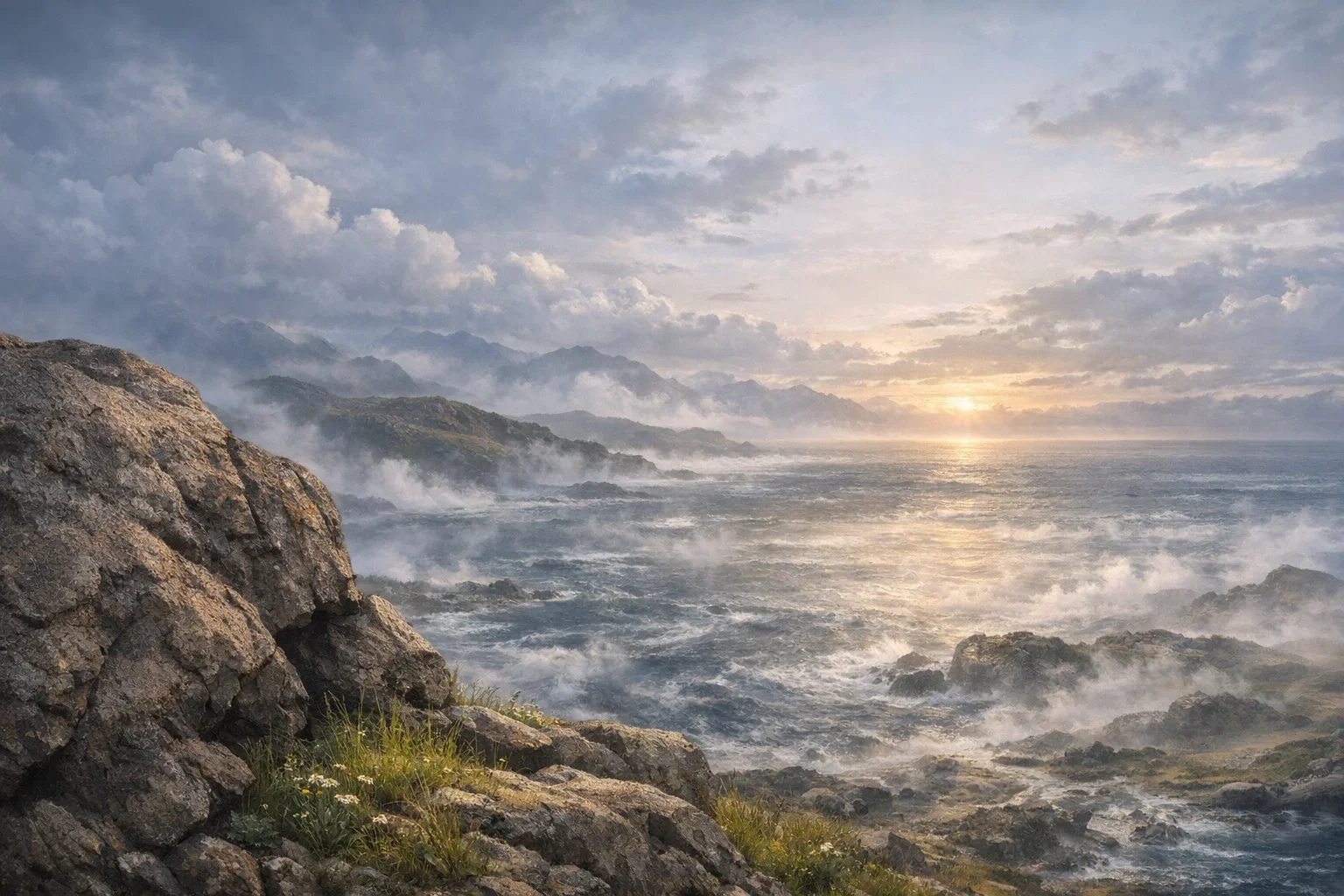Soft, diffused light filters through the mist, casting a serene glow over the primordial waters.  The textured rock formation in the foreground adds depth, framing the scene while hinting at the earth's emerging beauty.  Fresh green grass and wildflowers bloom, symbolizing the vibrant life beginning to flourish in this sacred moment.