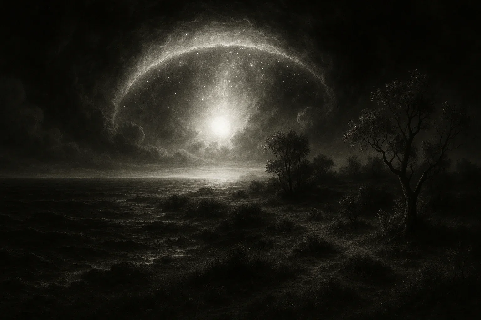 Ethereal moonlight bathes the primordial landscape in silver tones, accentuating the dark waters that stretch infinitely.  A luminous firmament glows above, creating a striking contrast against the void, symbolizing divine separation and order.  Celestial light shimmers throughout the scene, evoking a sense of divine presence and the majesty of creation.