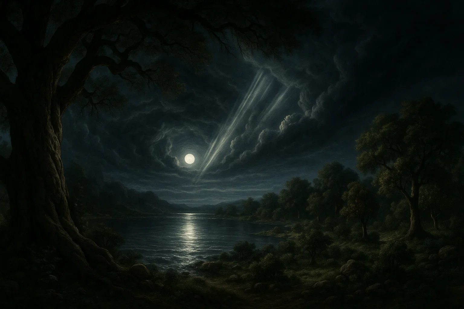 Silver moonlight bathes the ancient landscape, illuminating the waters with an ethereal glow.  A grand, gnarled tree frames the scene, its sprawling branches adding depth to the creation moment.  Dark, swirling clouds in the background evoke the formless void, contrasting with the emerging beauty of the newly formed world.