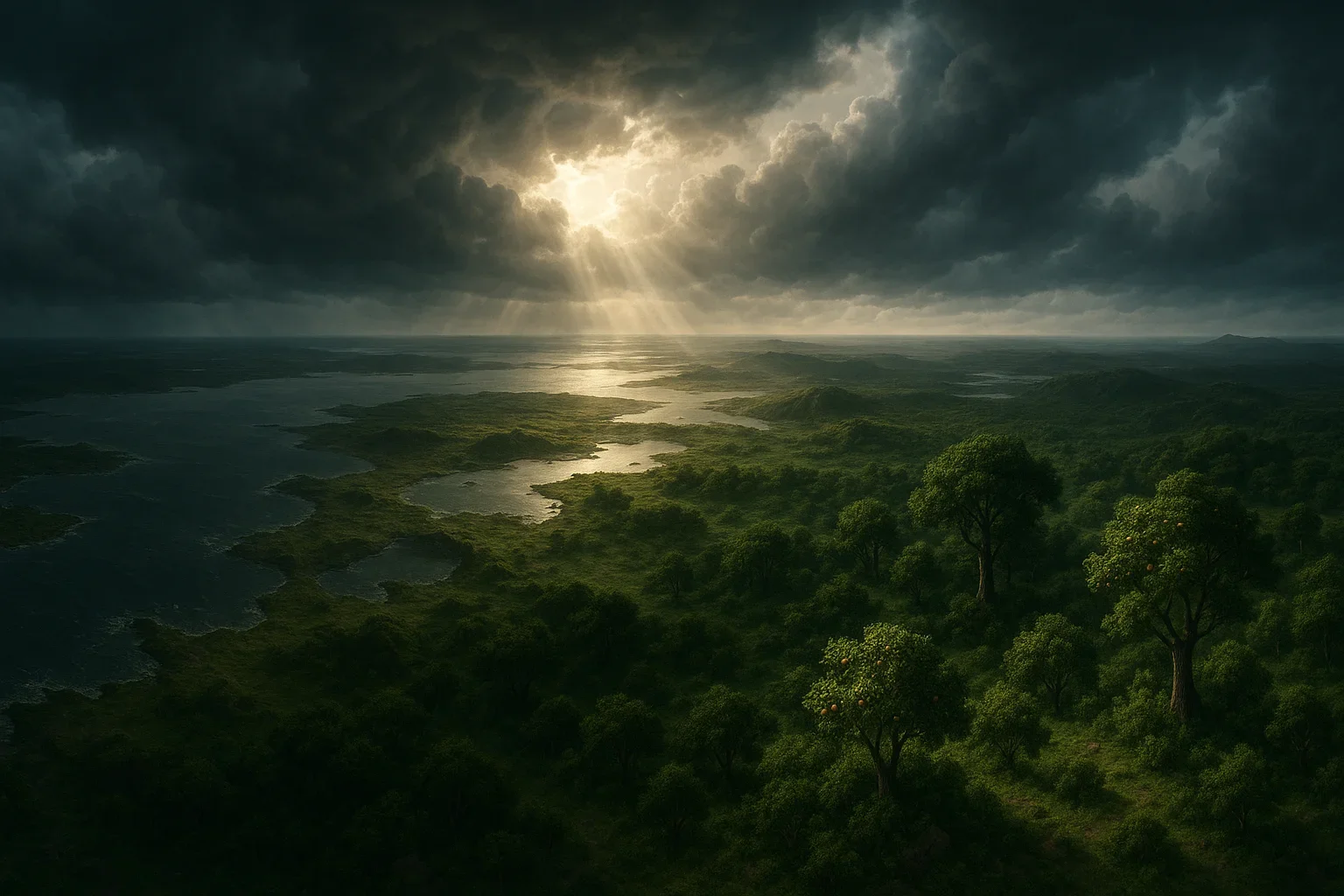 Aerial light cascades through dark, swirling clouds, illuminating the vibrant land and water below.  Emerging landmasses, rich with lush greenery and fruit-bearing trees, contrast against the deep blues of the primordial waters.  The dynamic interplay of shadow and brilliance captures the sacred division of day and night, embodying the essence of creation.