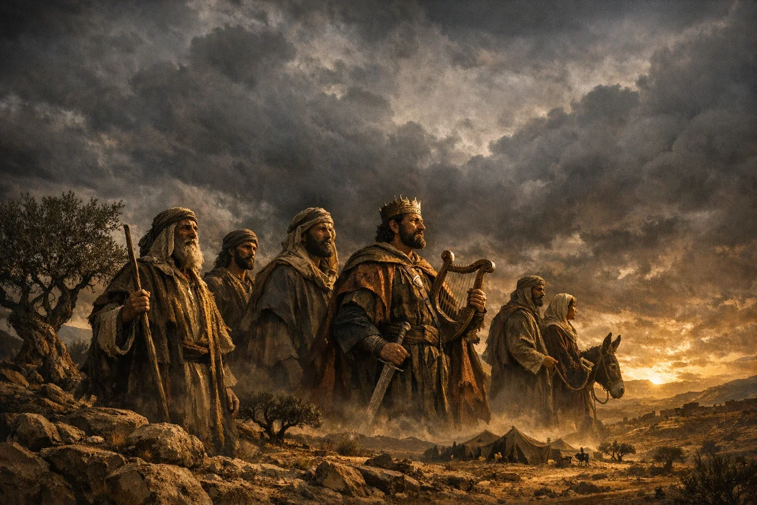 Dark, swirling clouds loom overhead, creating a dramatic backdrop that signifies the weight of history.  Silhouetted figures of Abraham, Isaac, Jacob, and David flow gracefully in the foreground, representing the lineage of Jesus.  The composition emphasizes continuity and connection, with each ancestor symbolizing a vital link in this sacred heritage.