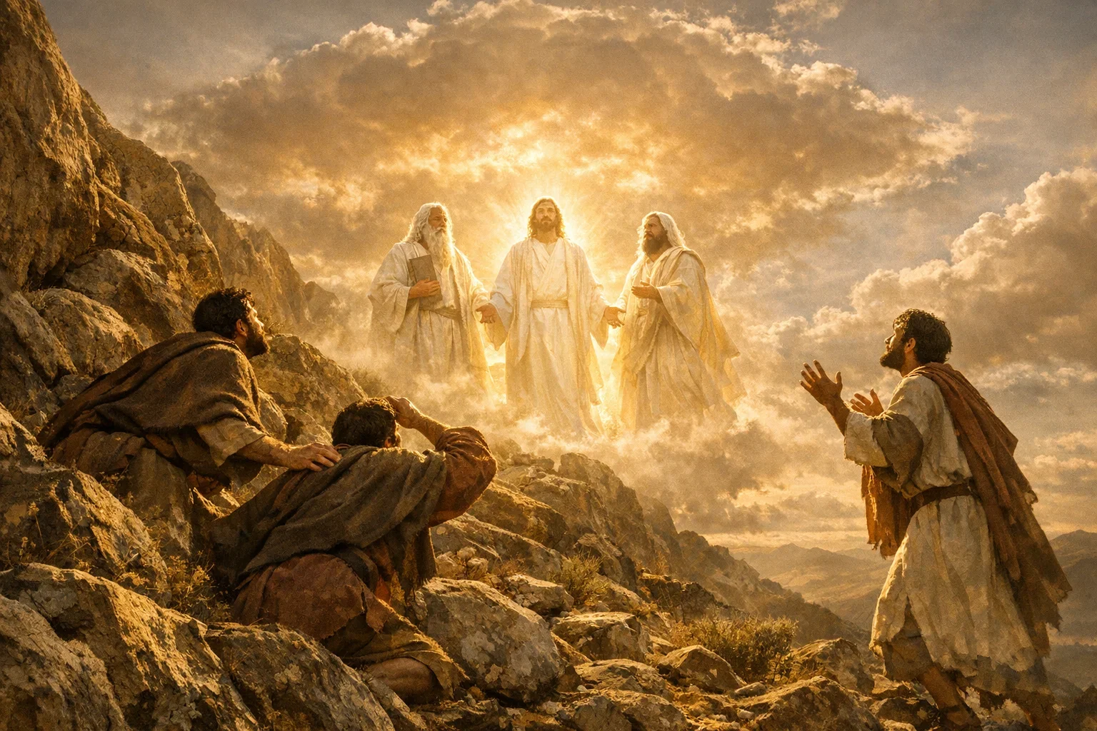 Warm amber light bathes the high mountain, casting a divine glow over the transfigured figures of Jesus, Moses, and Elijah.  Ethereal robes shimmer with radiant light, emphasizing their celestial nature against the dramatic cloud backdrop.  The low ground-level perspective enhances the grandeur of the moment, inviting viewers to witness this sacred revelation.
