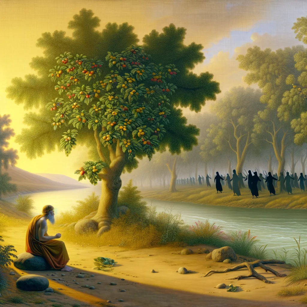 Soft golden light bathes the serene riverside landscape, illuminating the lush trees and symbolizing divine life and growth.  A righteous man, clad in simple attire, meditates peacefully by the riverbank, embodying tranquility and spiritual prosperity.  Vibrant flora and fauna surround him, contrasting with the distant shadows of the wicked, evoking a sense of harmony and divine favor.